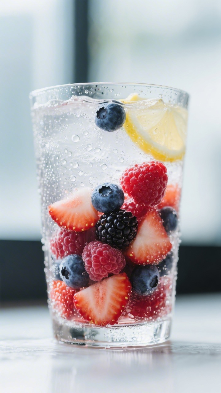 Close-up detail: Muddled mixed berry layer in the bottom of a frosty, chilled soda glass, showing ju