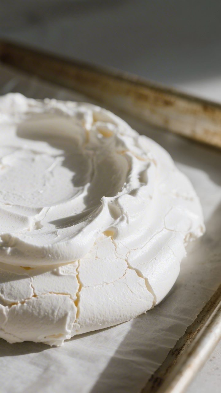 Close-up detail of a baked pavlova shell just out of the oven, showing crisp, matte-white exterior w