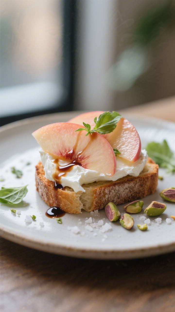 Close-up detail of assembled bite: Macro shot of a single peach and burrata crostini—torn burrata