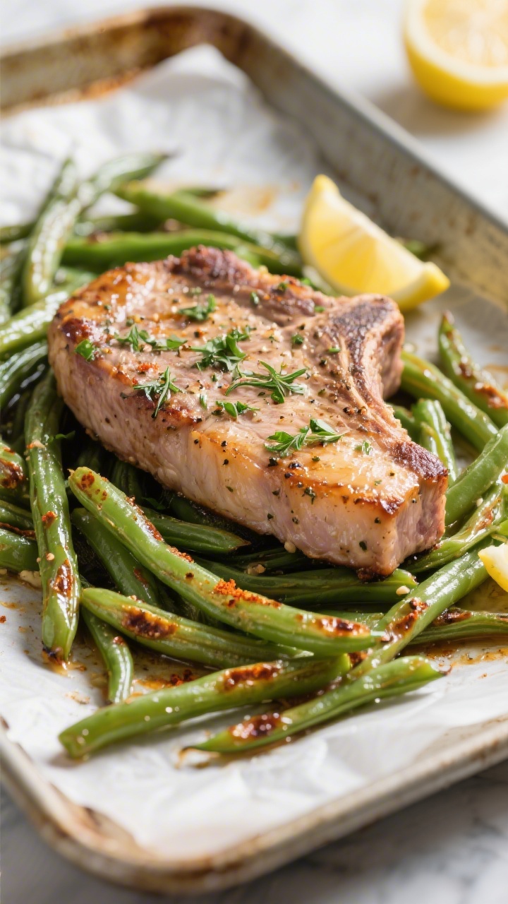 Close-up detail of roasted ranch-seasoned pork chop nestled among tender-crisp green beans on a hot