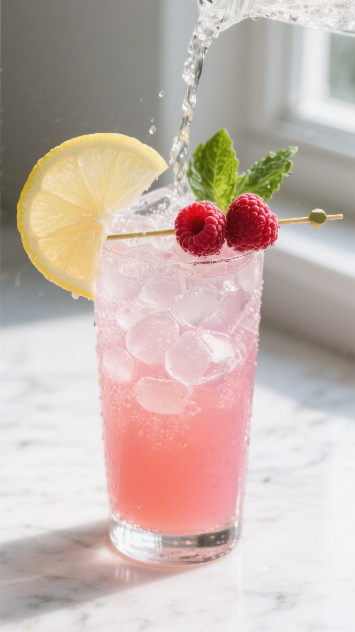 Close-up detail of the finished Raspberry Vodka Lemonade mid-pour top-up: vibrant blush-pink cocktai