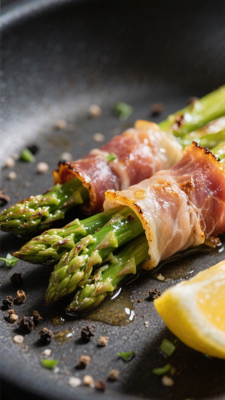 Close-up detail: Prosciutto-wrapped asparagus just off the skillet, prosciutto rendered crisp with d