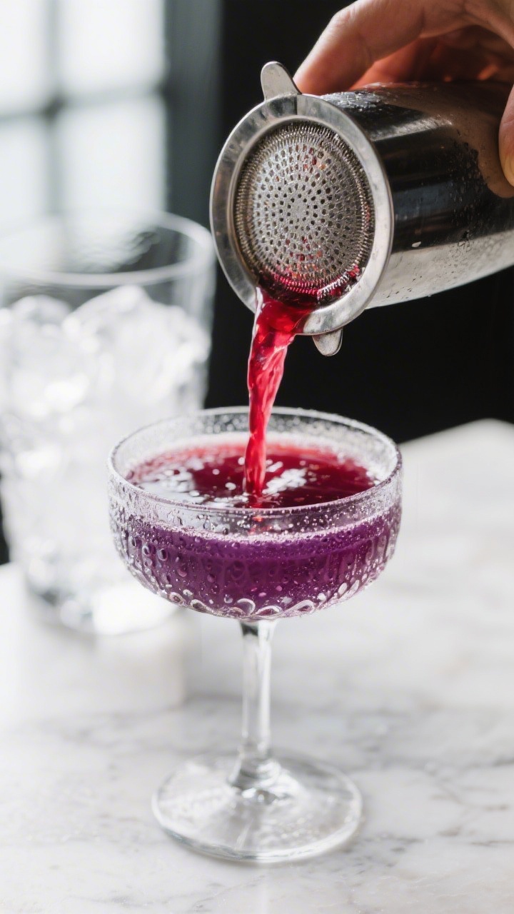 Close-up detail: Ruby-red Pomegranate Vodka Sparkler mid-shake being strained through a fine-mesh st