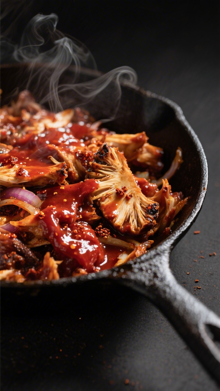 Close-up detail: Saucy shredded BBQ jackfruit caramelizing in a cast-iron skillet, edges crisped and