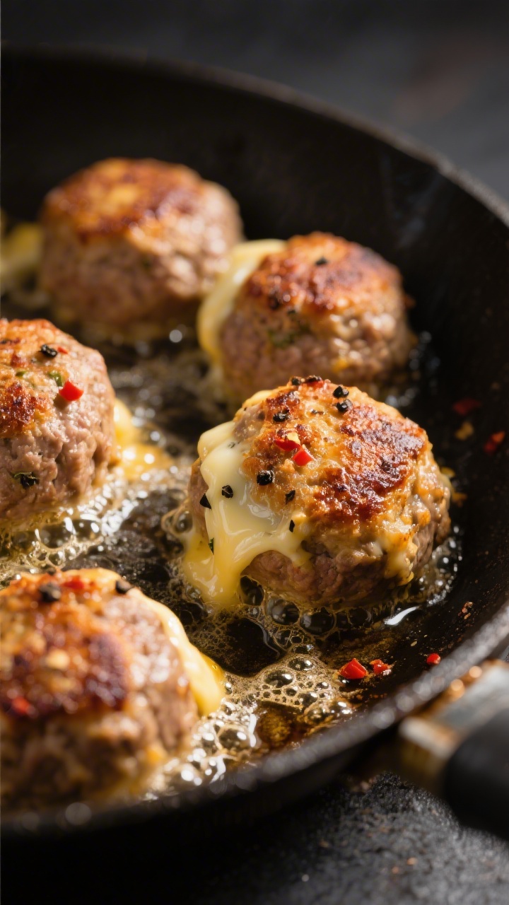 Close-up detail: Searing keto cheesy carnivore meatballs in a heavy skillet, golden-brown crust deve