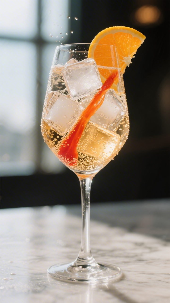 Close-up detail shot: A freshly built Aperol Spritz mid-assembly in a large stemmed wine glass packe
