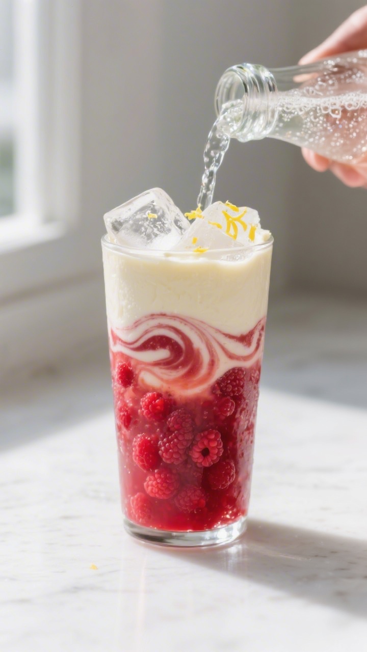 Close-up detail shot: A tall glass halfway filled with vivid ruby-red strained raspberry puree toppe