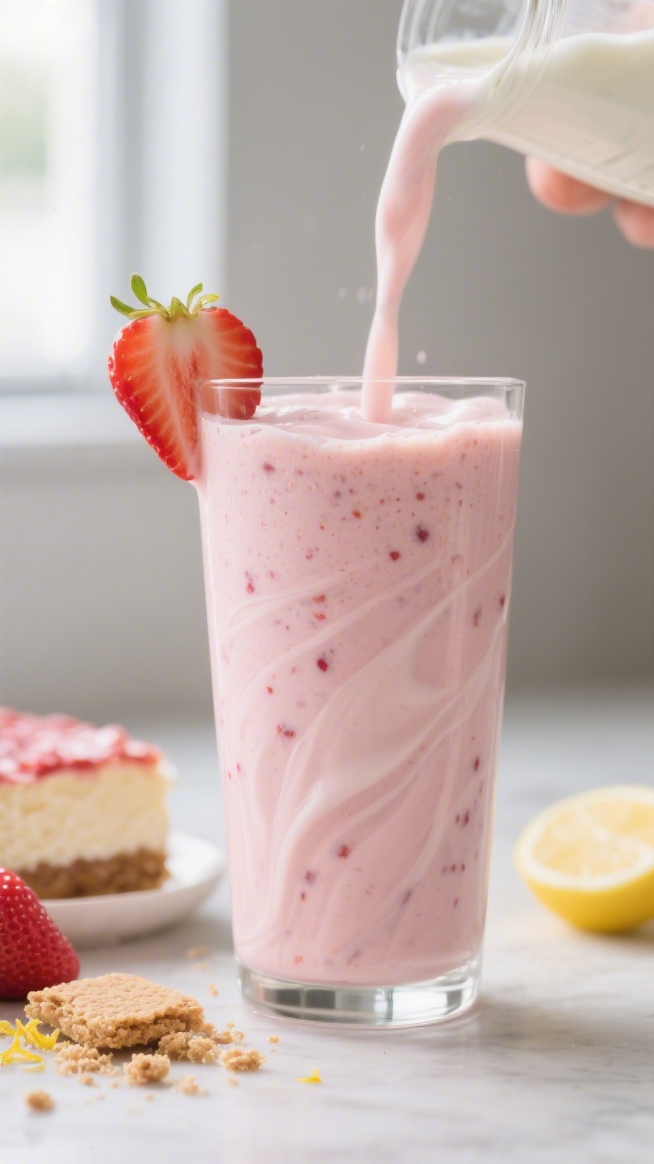Close-up detail shot: A thick, creamy strawberry cheesecake protein smoothie mid-pour into a chilled