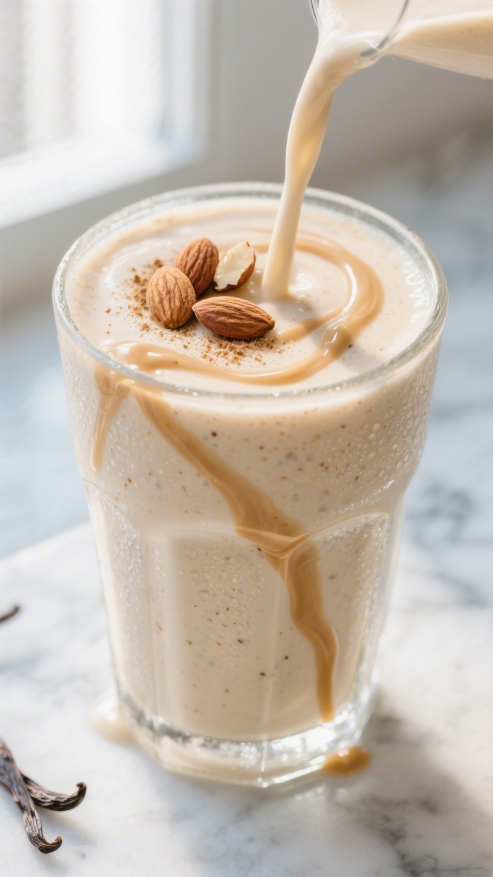 Close-up detail shot: A thick, creamy Vanilla Almond Smoothie mid-pour into a chilled clear glass, s