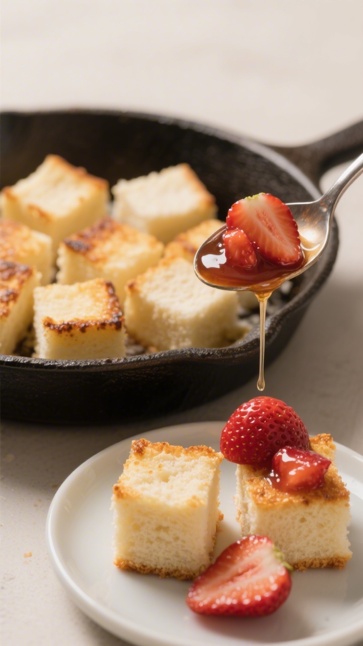 Close-up detail shot: Cubes of lightly toasted angel food cake in a dry skillet with crisped golden
