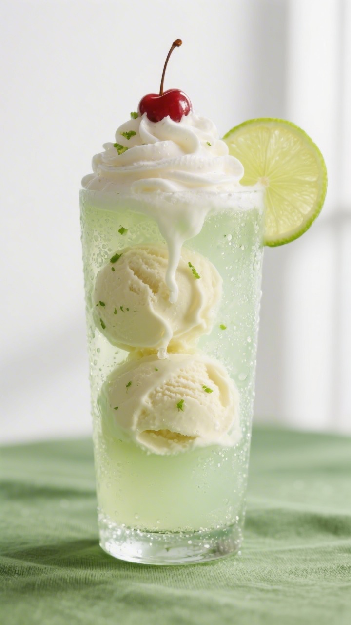Close-up detail shot of a freshly assembled Lime Cream Soda Float mid-fizz: pale green soda cascades