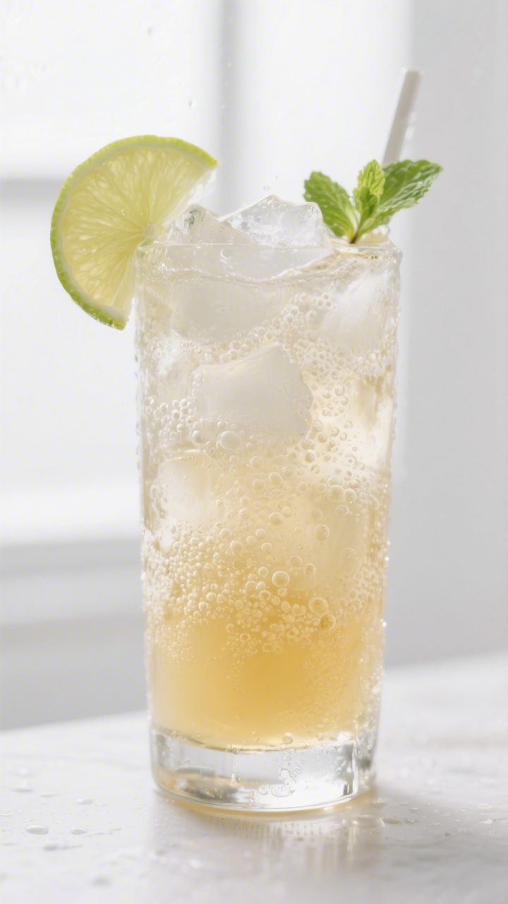 Close-up detail shot of a freshly built Ginger Beer and Lime Fizz in a frosty highball glass just af