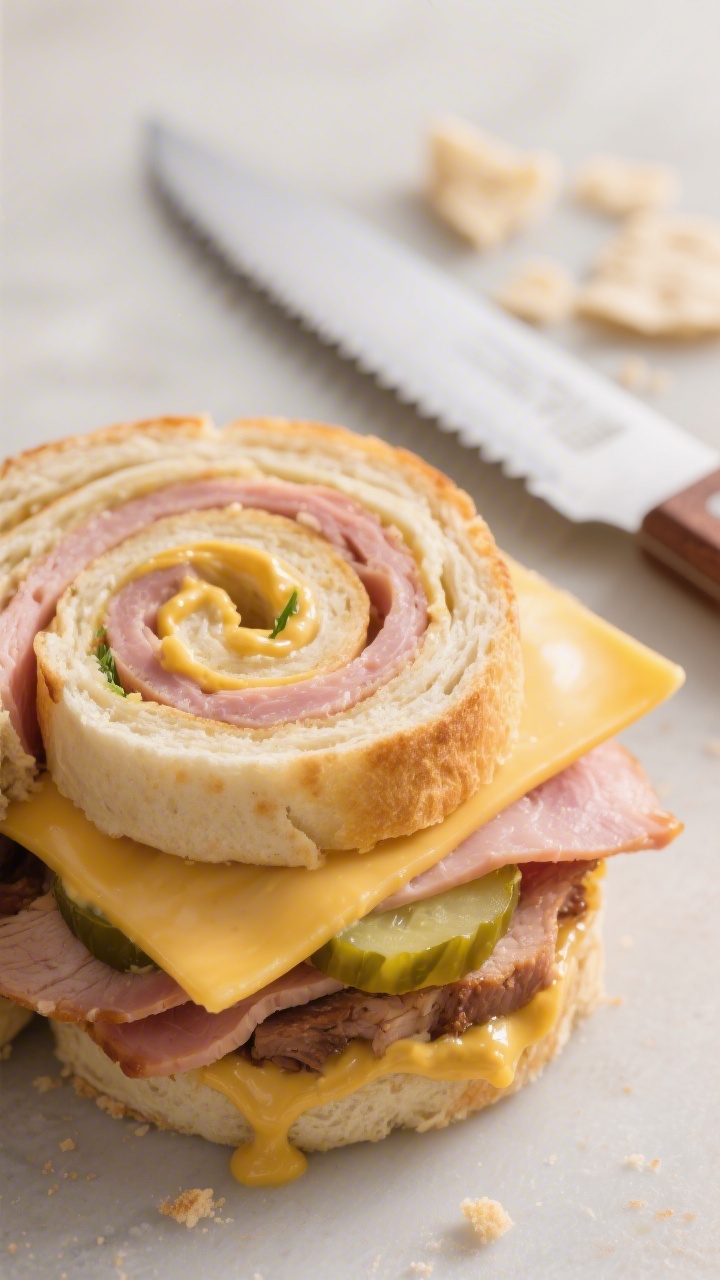 Close-up detail shot of a just-sliced Cuban Sandwich Pinwheel showing tight spiral layers of Swiss c