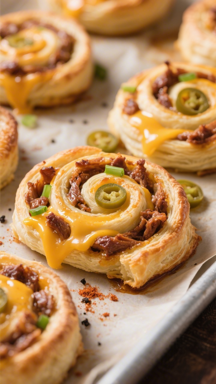 Close-up detail shot of freshly baked BBQ pulled pork pinwheels just out of the oven: crisp, deeply
