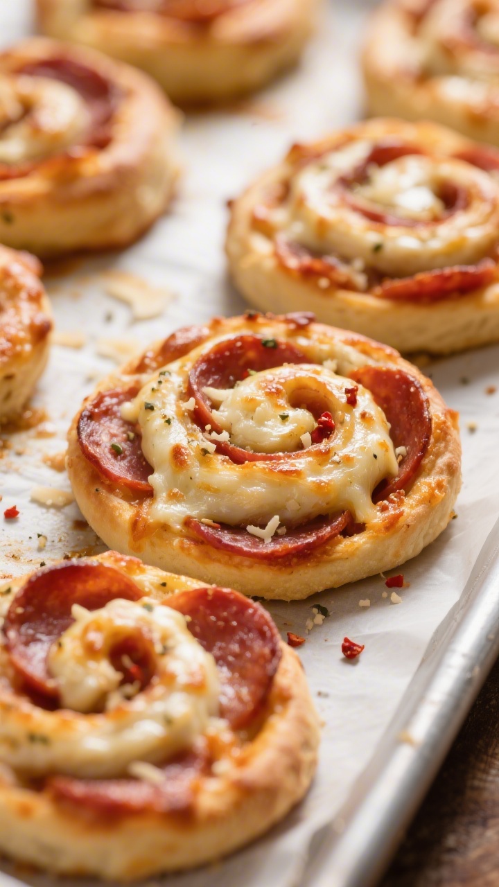 Close-up detail shot of freshly baked pepperoni mozzarella pizza pinwheels just out of the oven, edg