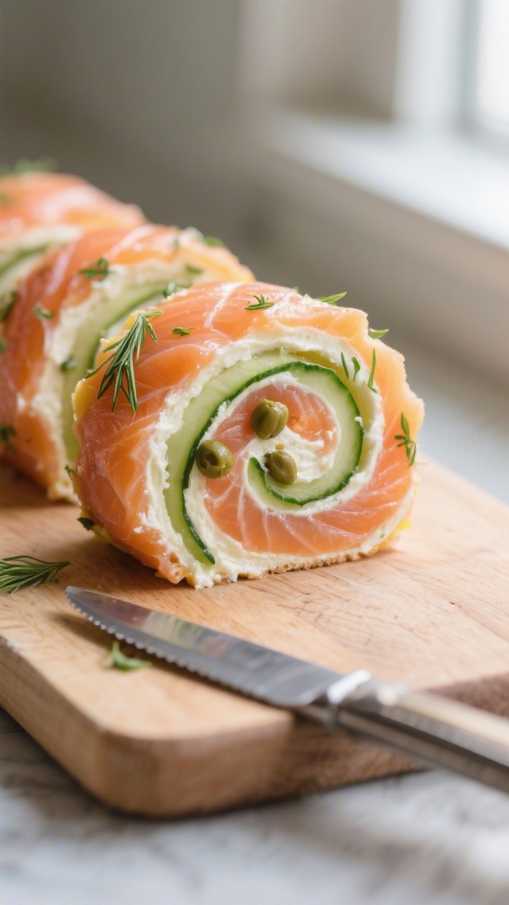 Close-up detail shot of freshly sliced smoked salmon pinwheels on a cutting board, showing tight spi