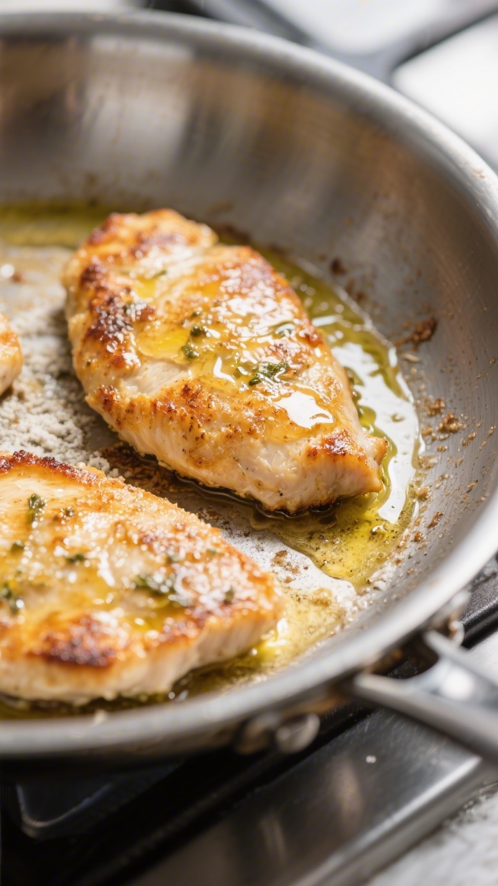 Close-up detail shot of golden-brown chicken piccata cutlets just after searing in a stainless-steel