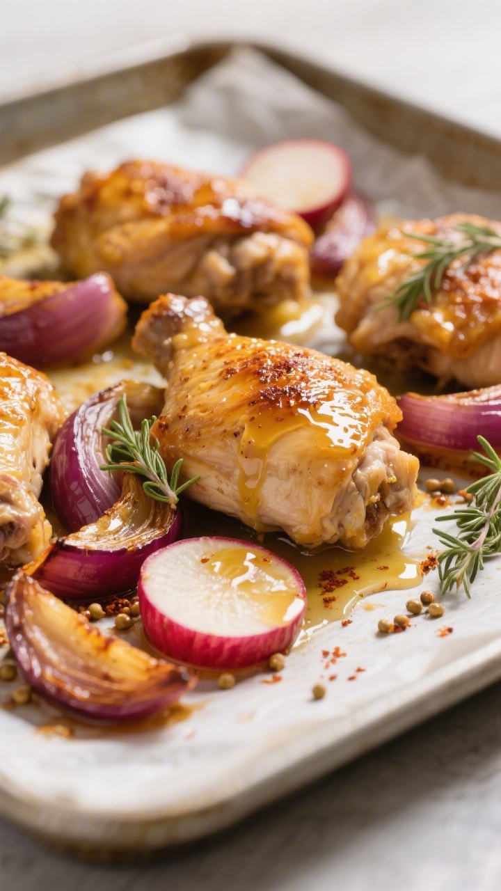 Close-up detail shot of roasted honey mustard chicken thighs nestled among caramelized radish halves