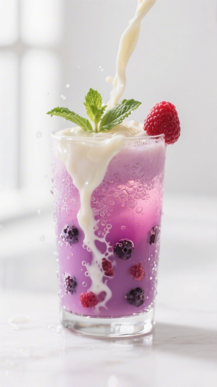 Close-up detail shot of the finished Berry Blast Cream Soda mid-swirling moment: creamy half-and-hal