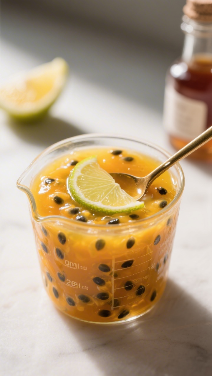 Close-up detail shot of the prepared passion fruit base being stirred in a small glass measuring cup