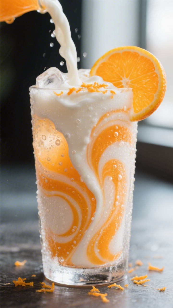 Close-up detail shot: Swirls of cream cascading into a chilled Orange Dreamsicle Soda, captured mid-