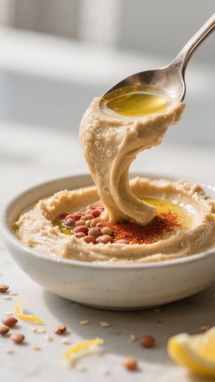 Close-up detail shot: Ultra-creamy lentil hummus just blended, captured as a silky ribbon folds off