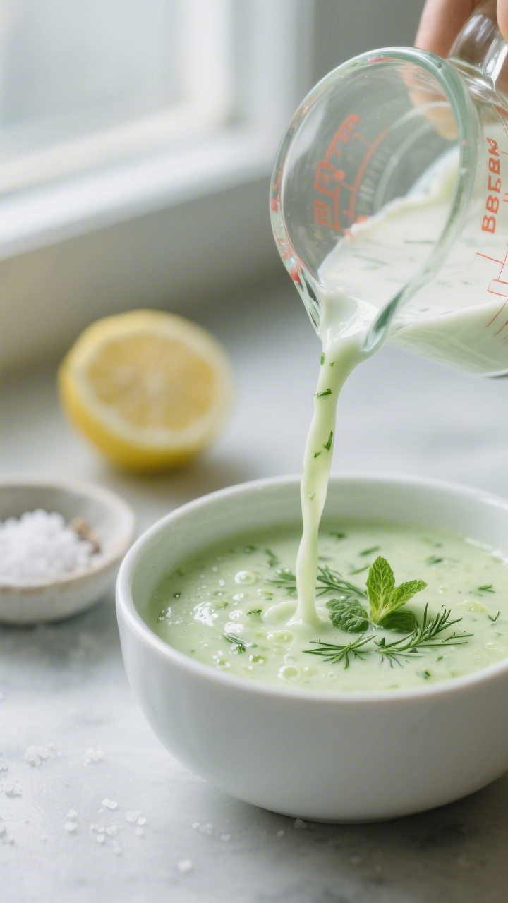 Close-up detail: Silky chilled cucumber, dill, and yoghurt soup being poured from a glass measuring