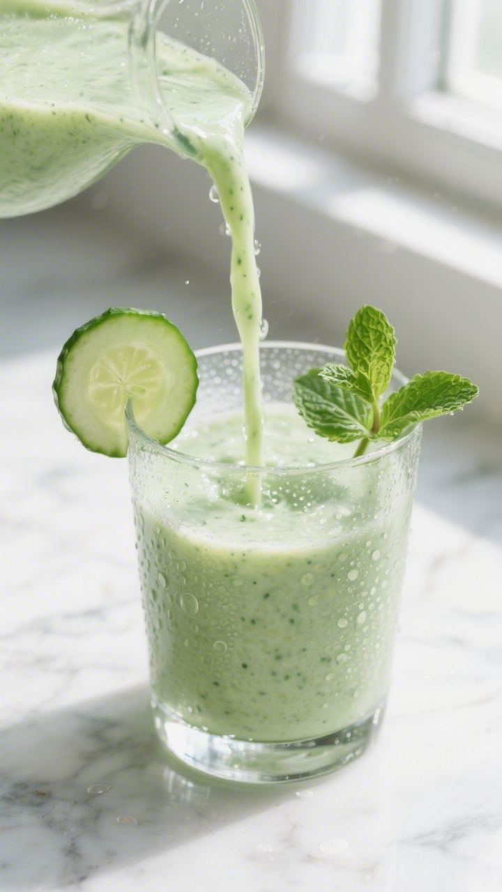 Close-up detail: Silky cucumber mint detox smoothie mid-pour into a chilled clear glass, the stream