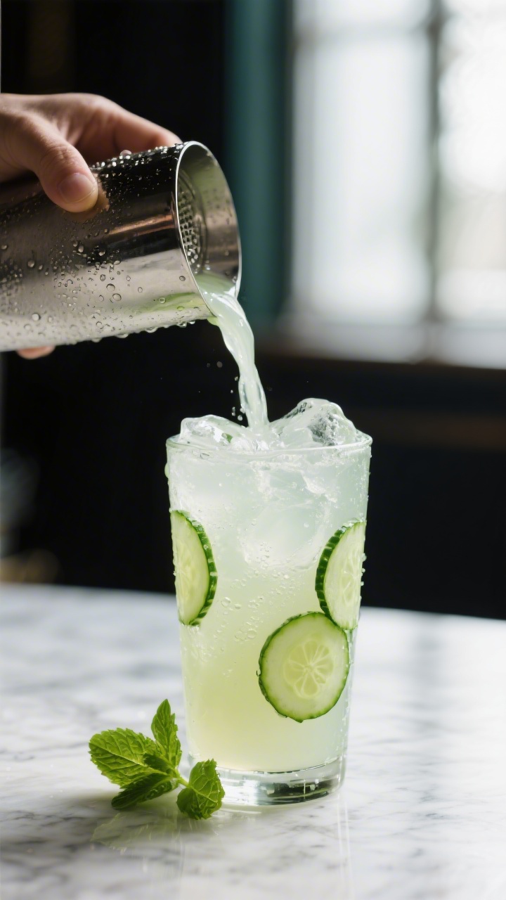 Close-up detail: Silky, double-strained Cucumber Vodka Cooler being poured from a shaker into a chil