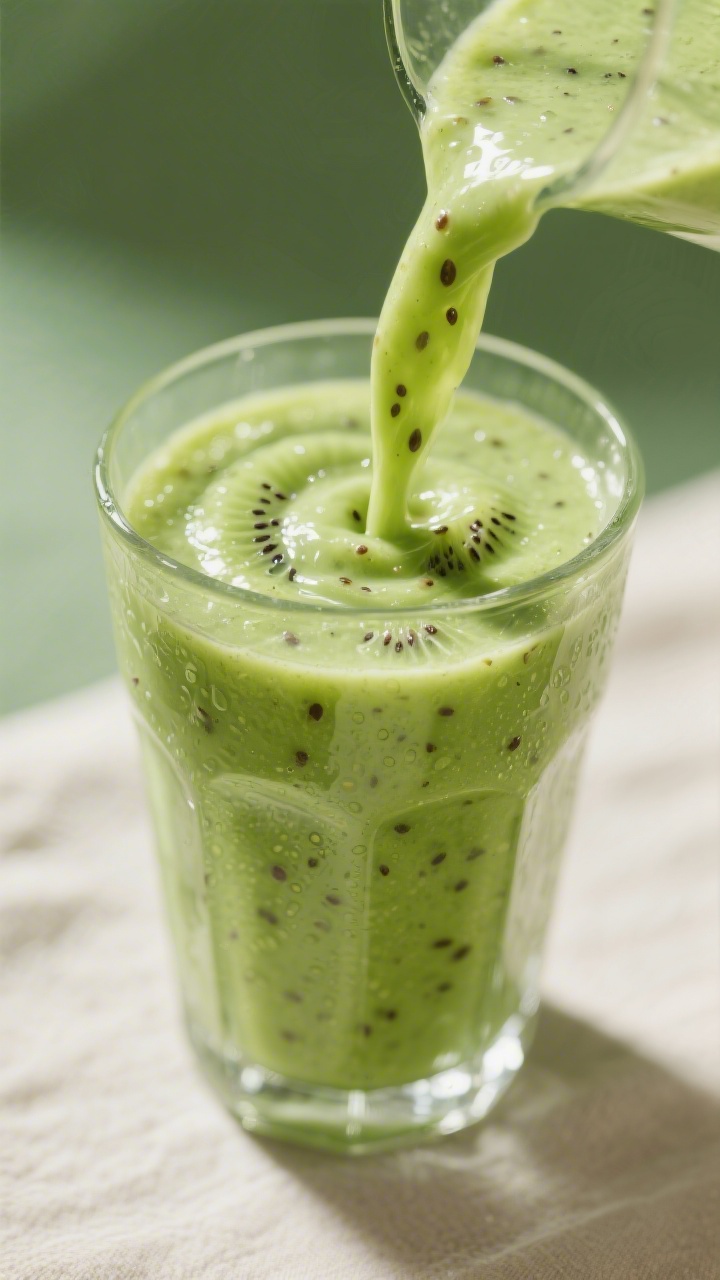 Close-up detail: Silky kiwi spinach smoothie mid-pour into a chilled clear glass, thick and creamy w