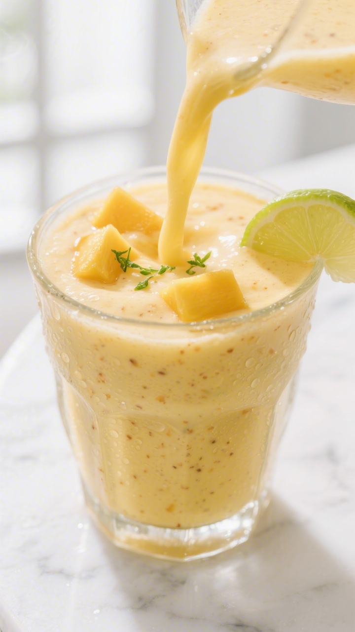 Close-up detail: Silky Mango Ginger Smoothie mid-pour into a chilled clear glass, showing ultra-crea
