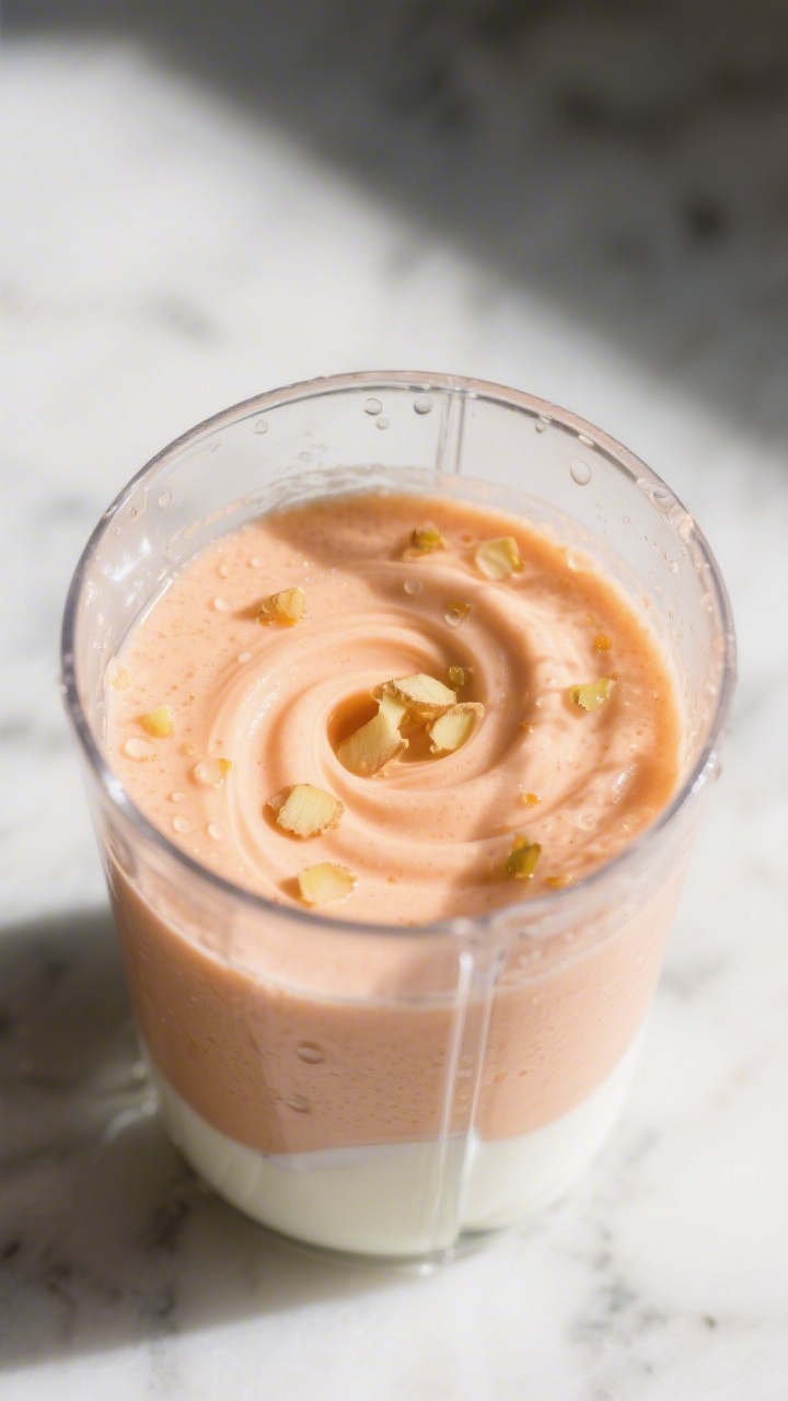 Close-up detail: Silky papaya honey smoothie mid-blend inside a clear glass blender jar, vortex swir