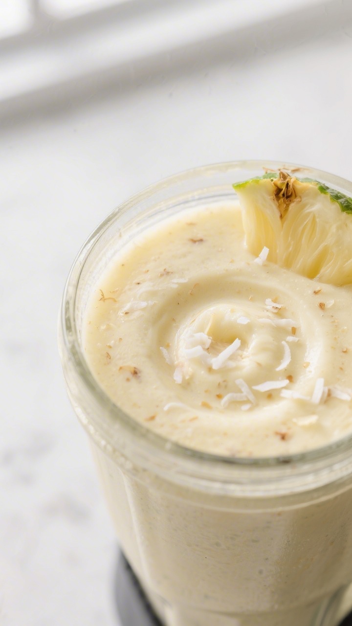 Close-up detail: Silky pineapple coconut smoothie mid-blend in a high-speed blender, creamy pale yel