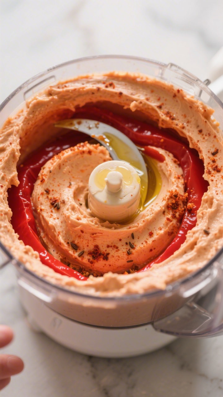 Close-up detail: Silky roasted red pepper hummus mid-blend in a food processor, creamy ribbons swirl