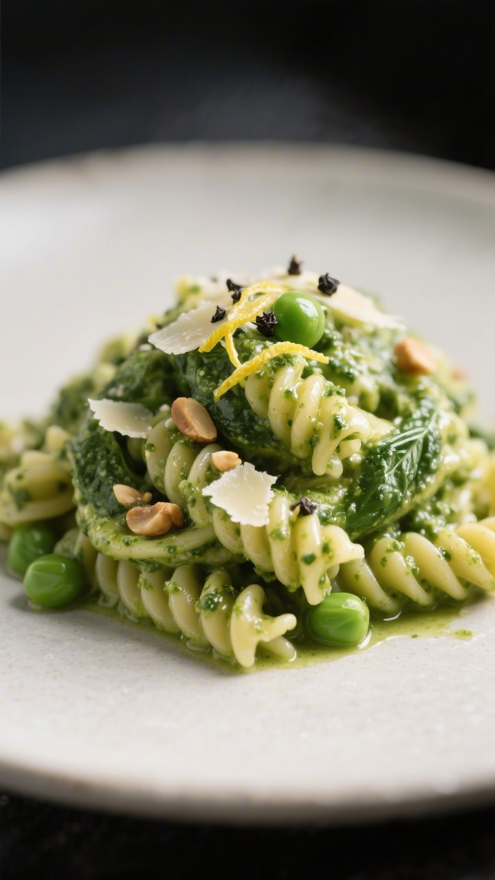 Close-up detail: Silky spring green pesto clinging to twisted fusilli, ultra-creamy without cream; v