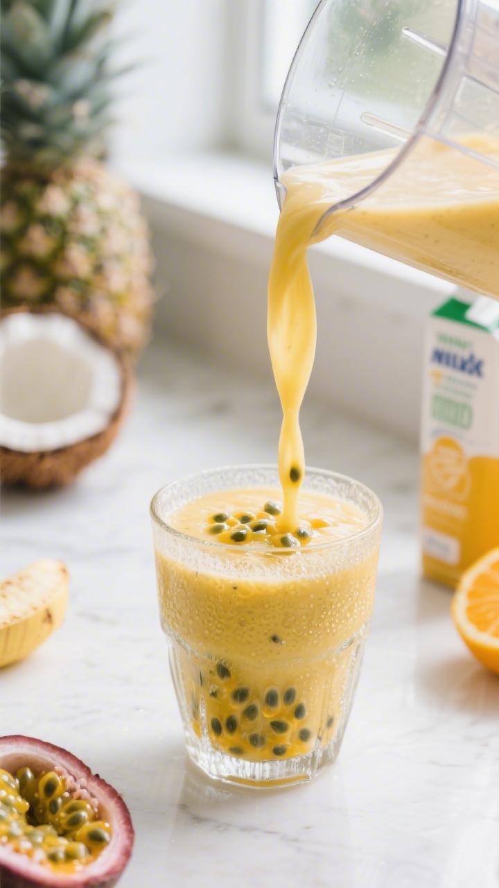 Close-up detail: Silky Tropical Passion Fruit Smoothie being poured from a blender into a chilled cl