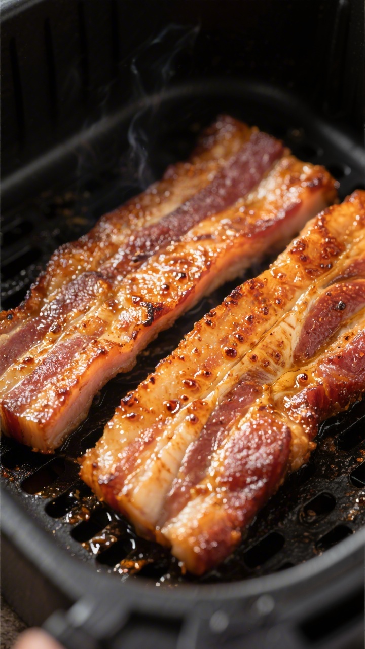 Close-up detail: Sizzling air-fried pork belly skin in the crisping stage at 400°F, skin-side up in