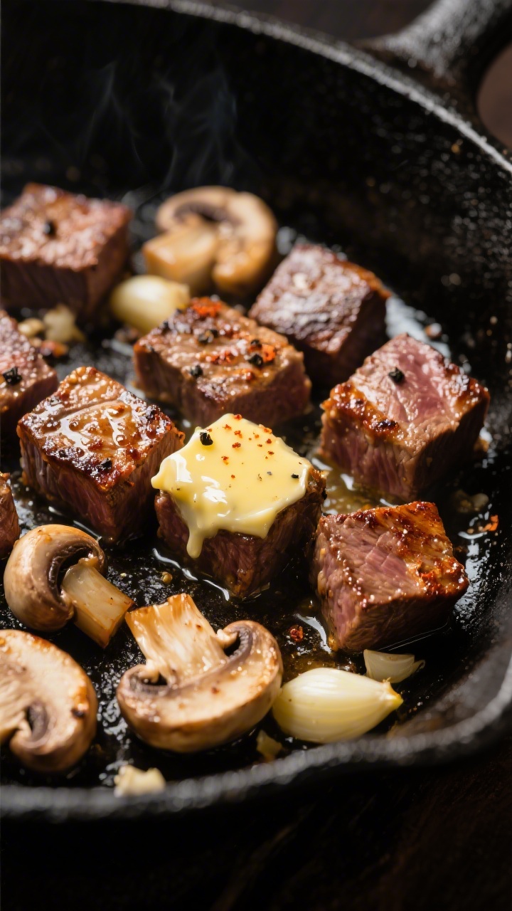 Close-up detail: Sizzling garlic butter steak bites searing in a black cast-iron skillet, golden-bro