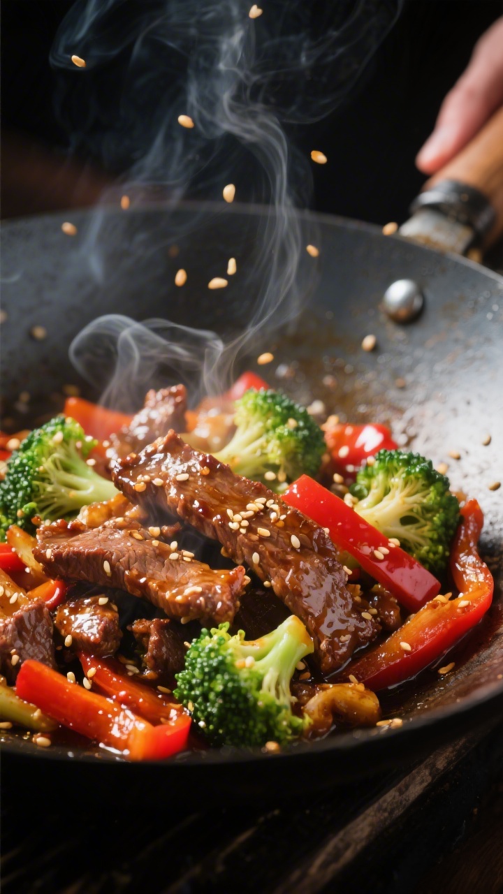 Close-up detail: Sizzling sesame ginger beef strips searing in a wok, deeply browned edges with glos