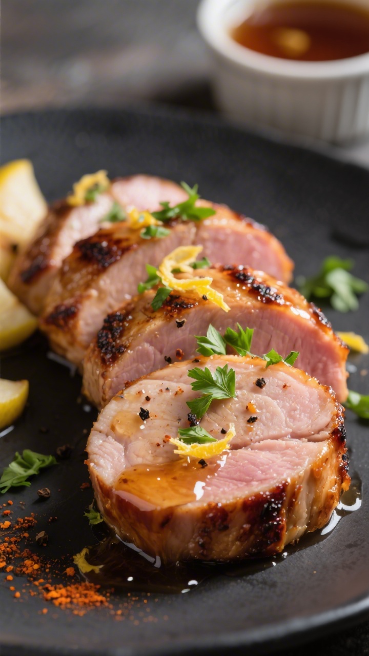 Close-up detail: Sliced apple cider–glazed pork tenderloin medallions, glistening with a syrupy ci