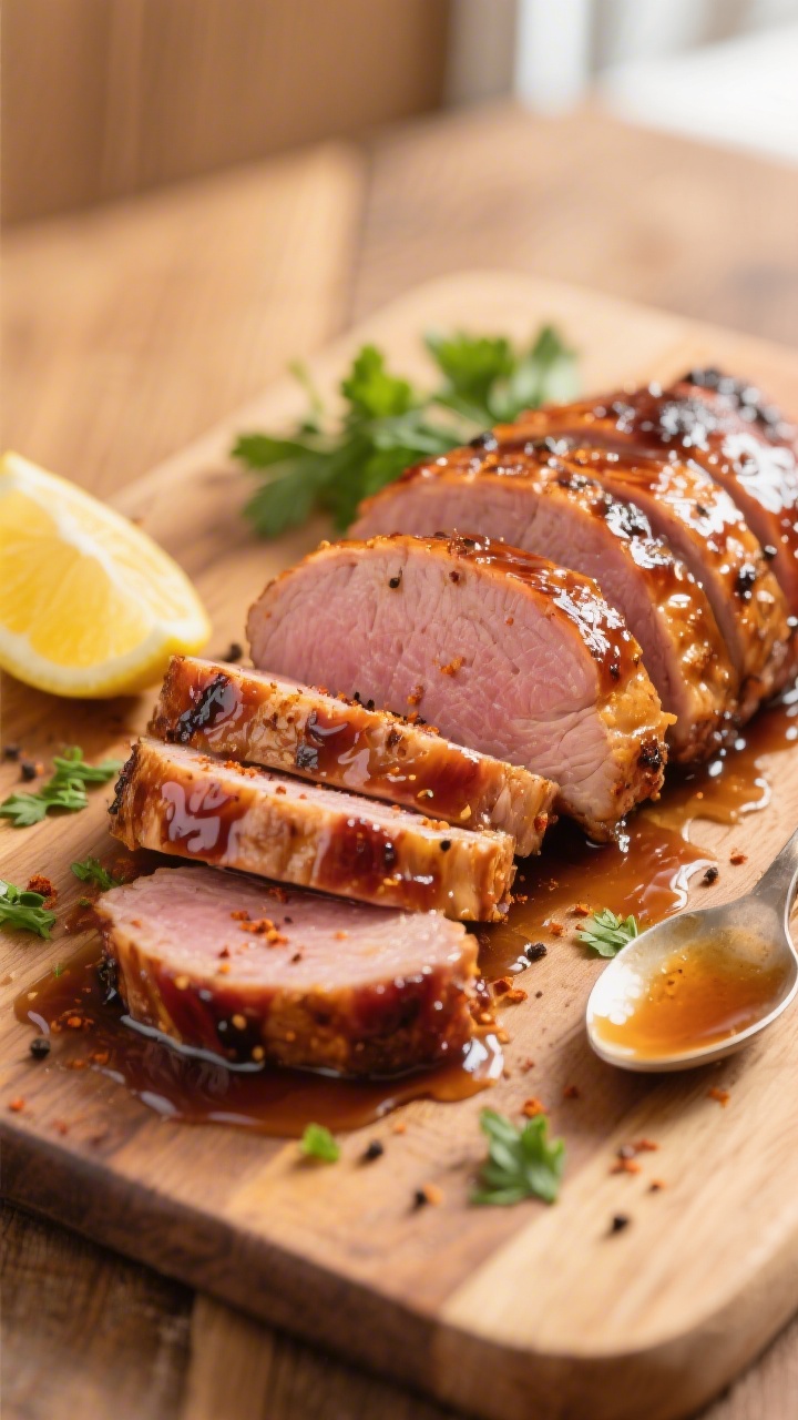 Close-up detail: Sliced honey BBQ pork tenderloin medallions fanned on a cutting board, glossy lacqu