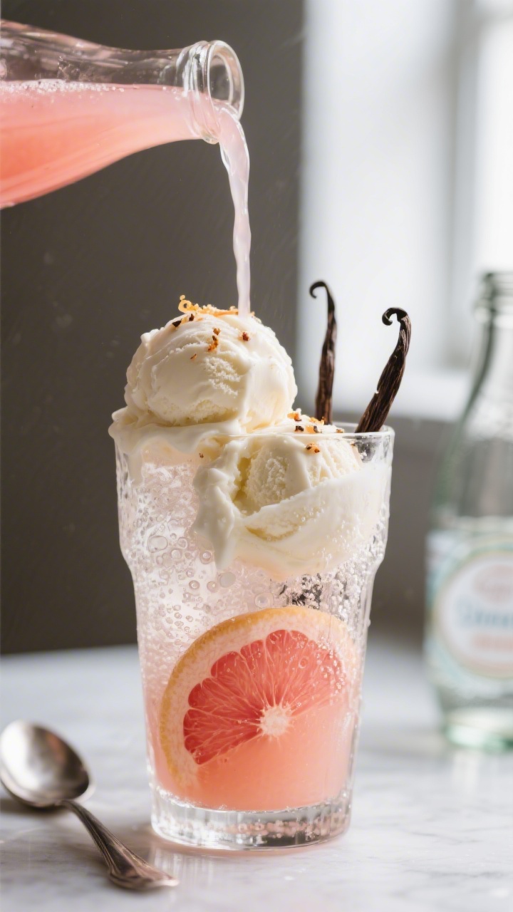 Close-up detail: Slow pour of rosy grapefruit-vanilla base over two scoops of creamy vanilla ice cre