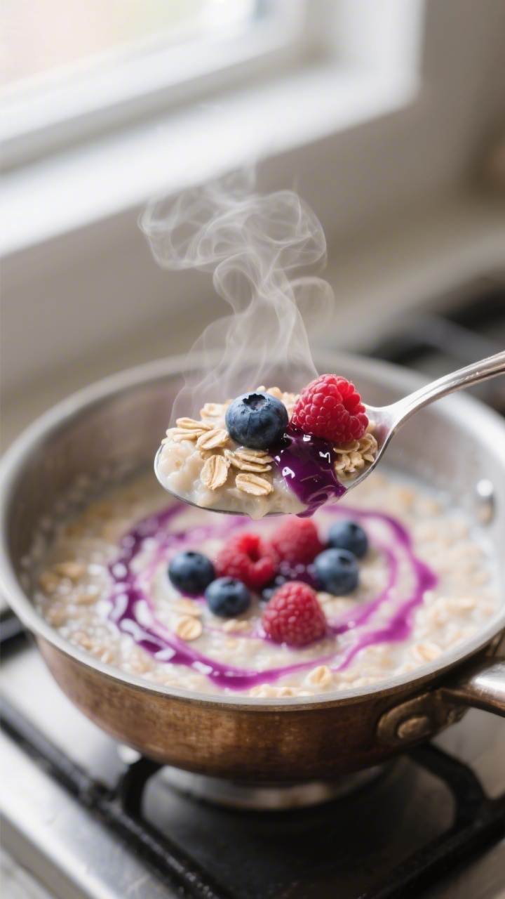 Close-up detail: Spoonful of creamy rolled-oat oatmeal lifted from a saucepan, berries folded in and