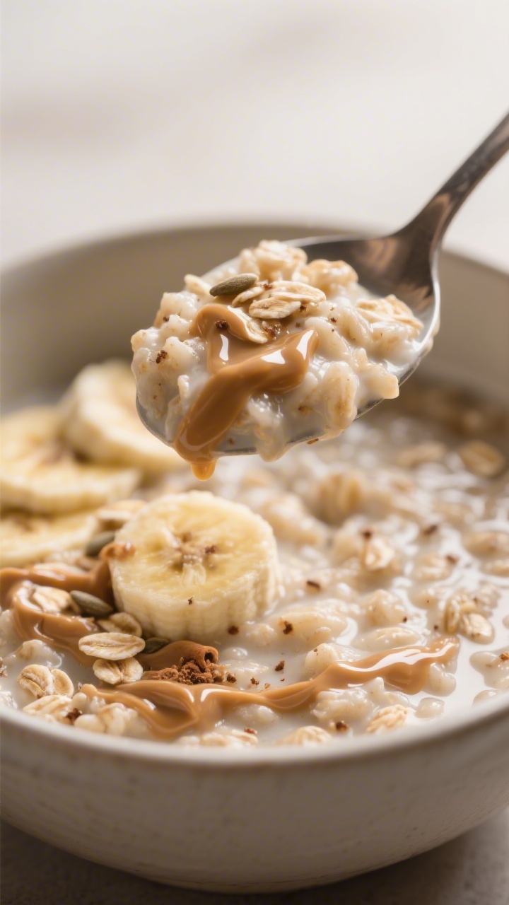 Close-up detail: Spoonful of finished oatmeal hovering above the bowl, highlighting ultra-creamy, cu