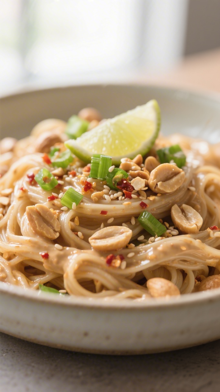 Close-up detail, texture focus: Extreme close-up of silky noodles coated in creamy, savory peanut sa