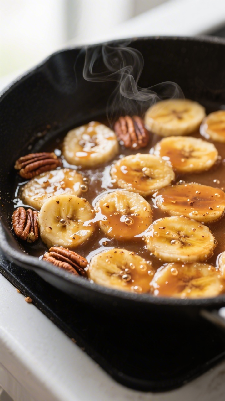 Close-up detail: Thick banana coins simmering in a glossy brown sugar–butter caramel with cinnamon