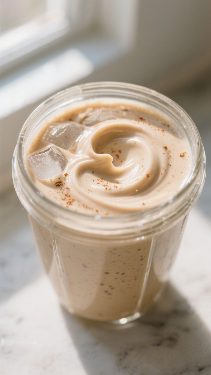 Close-up detail: Thick, creamy Banana Date Smoothie mid-blend in a clear blender jar, silky ribbons