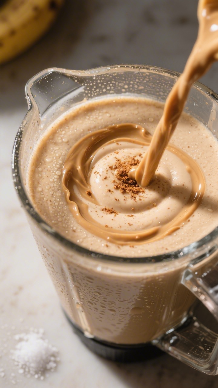 Close-up detail: Thick, creamy banana peanut butter smoothie mid-blend in a high-speed blender, vort