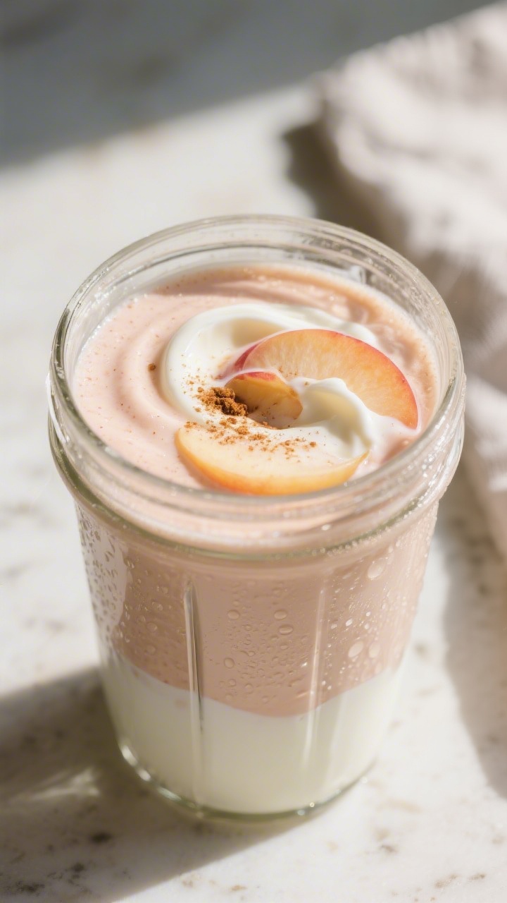 Close-up detail: Thick, creamy peach yogurt smoothie mid-blend in a glass blender jar, swirling ribb