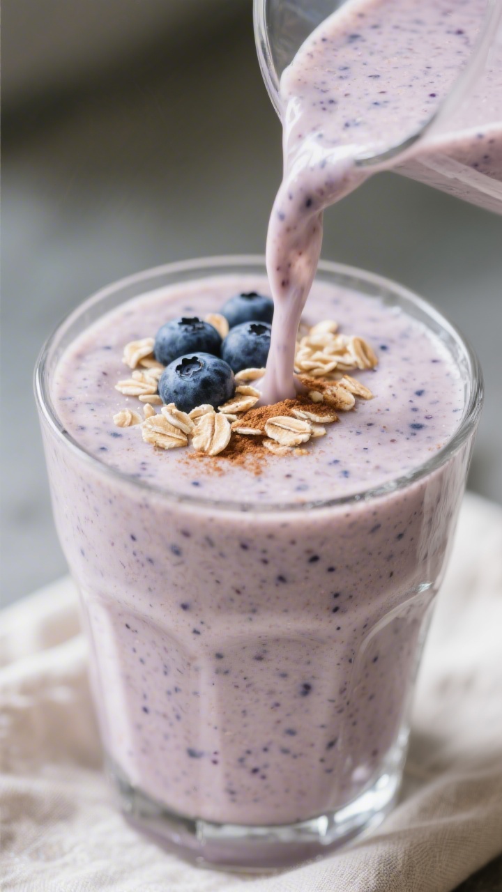 Close-up detail: Thick, freshly blended Blueberry Oat Smoothie being poured into a chilled clear gla